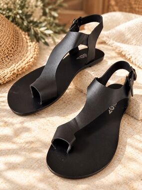 Jolimall Black Gladiator Toe Loop Flat Sandals Size 10 Minimalist Boho